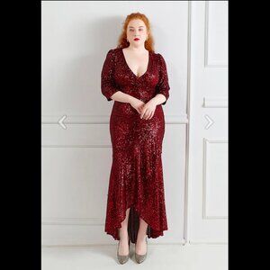 Chicwish | Elbow Sleeve Ruffle Sequined Gown | Burgundy | XL